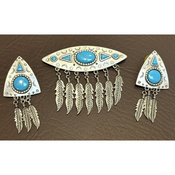 VTG JJ Southwest Dangle Feathers Jonette 1988 Faux Turquoise Brooch Earrings Set - Picture 7 of 9